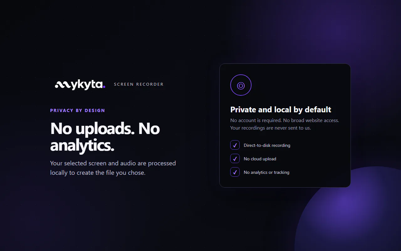 mykyta Record promotional visual explaining local screen and audio processing without cloud upload
