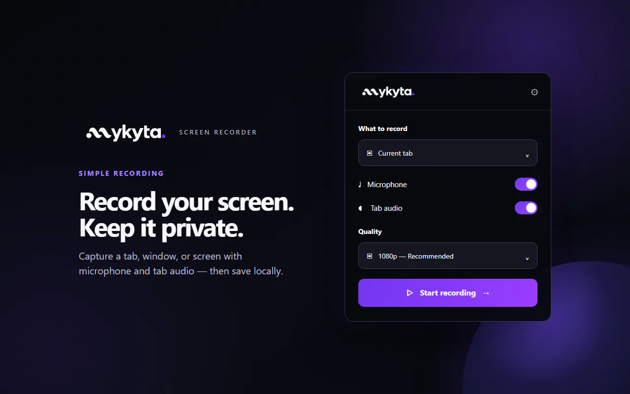 Current mykyta Record setup with Chrome tab selection, microphone, tab audio, and quality