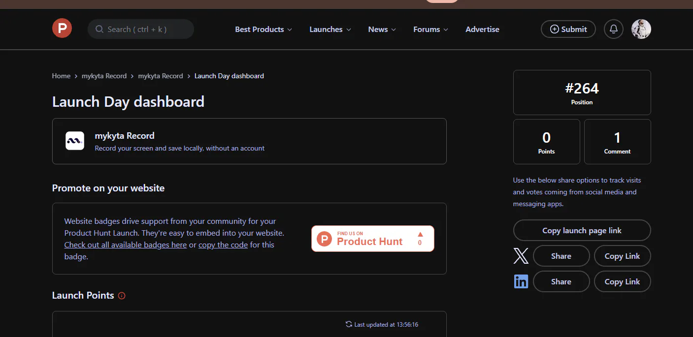 Панель запуска mykyta Record на Product Hunt с позицией 264, нулём баллов и одним комментарием