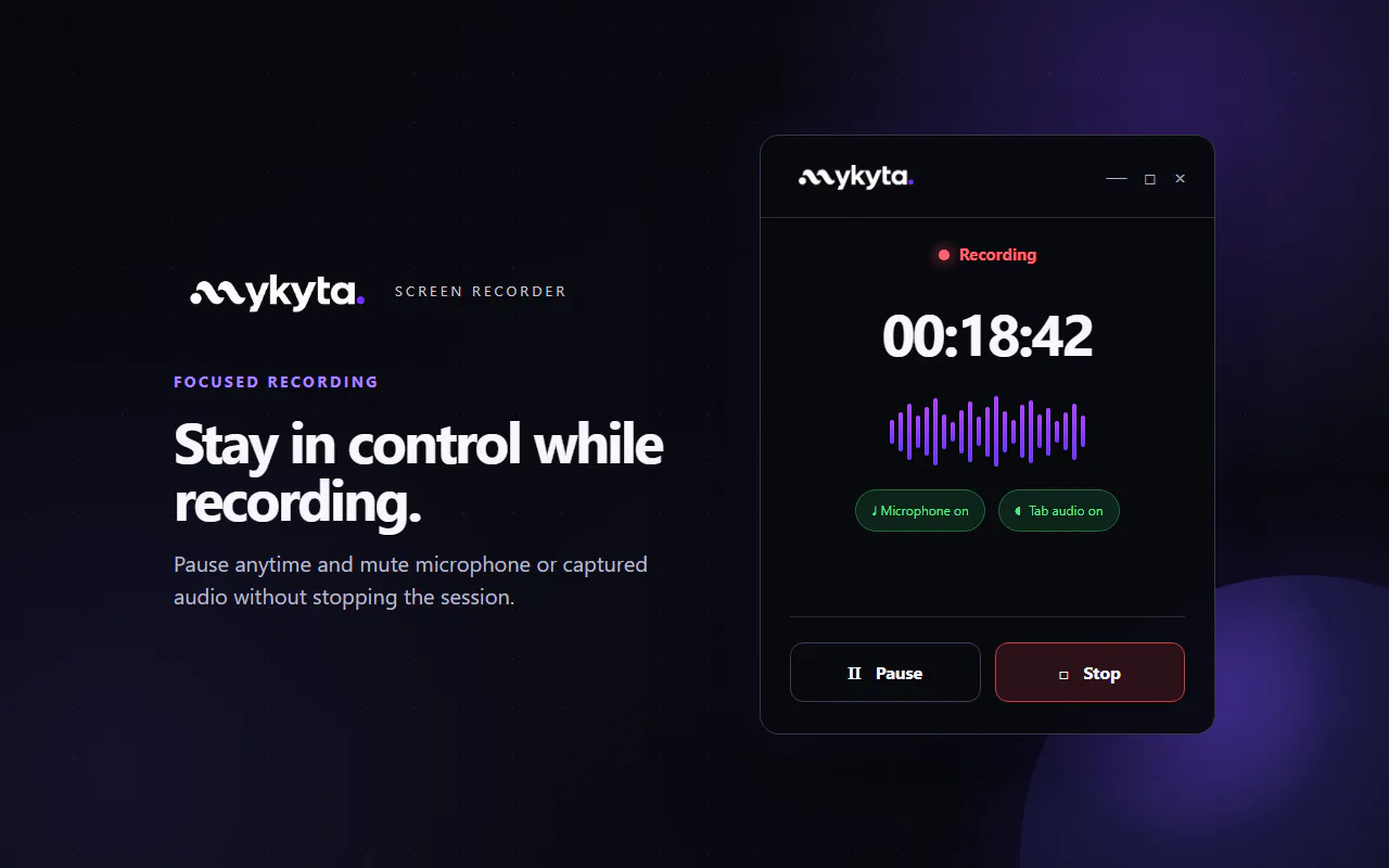 mykyta Record recording window with timer, pause, stop, and independent microphone and tab-audio controls