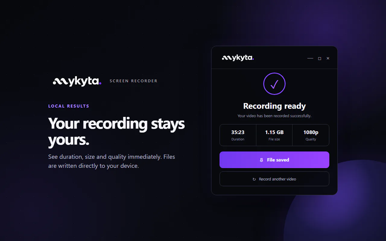mykyta Record completion screen showing duration, file size, and recording quality